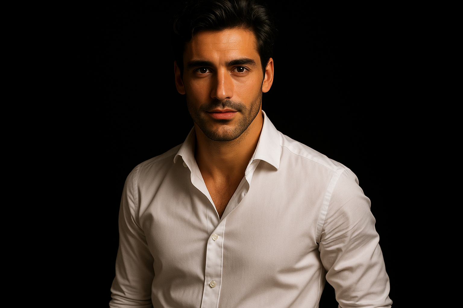 Great! Now make him in black background so he’ll look like a model in photoshoot